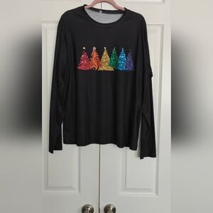 Black Long Sleeve Tee with Rainbow Tree Graphic, Size 2XL